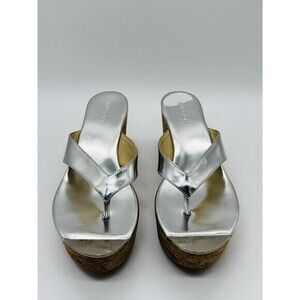 Jimmy Choo Women's Velvety SILVER Cork Wedge Heel Thong Sandals SIZE 40 1/2